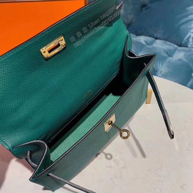 Hermes女包 愛馬仕Kelly pochette一代手包 原廠epsom皮 孔雀綠/金扣 手工蠟線 Hermes手提女包  am1729